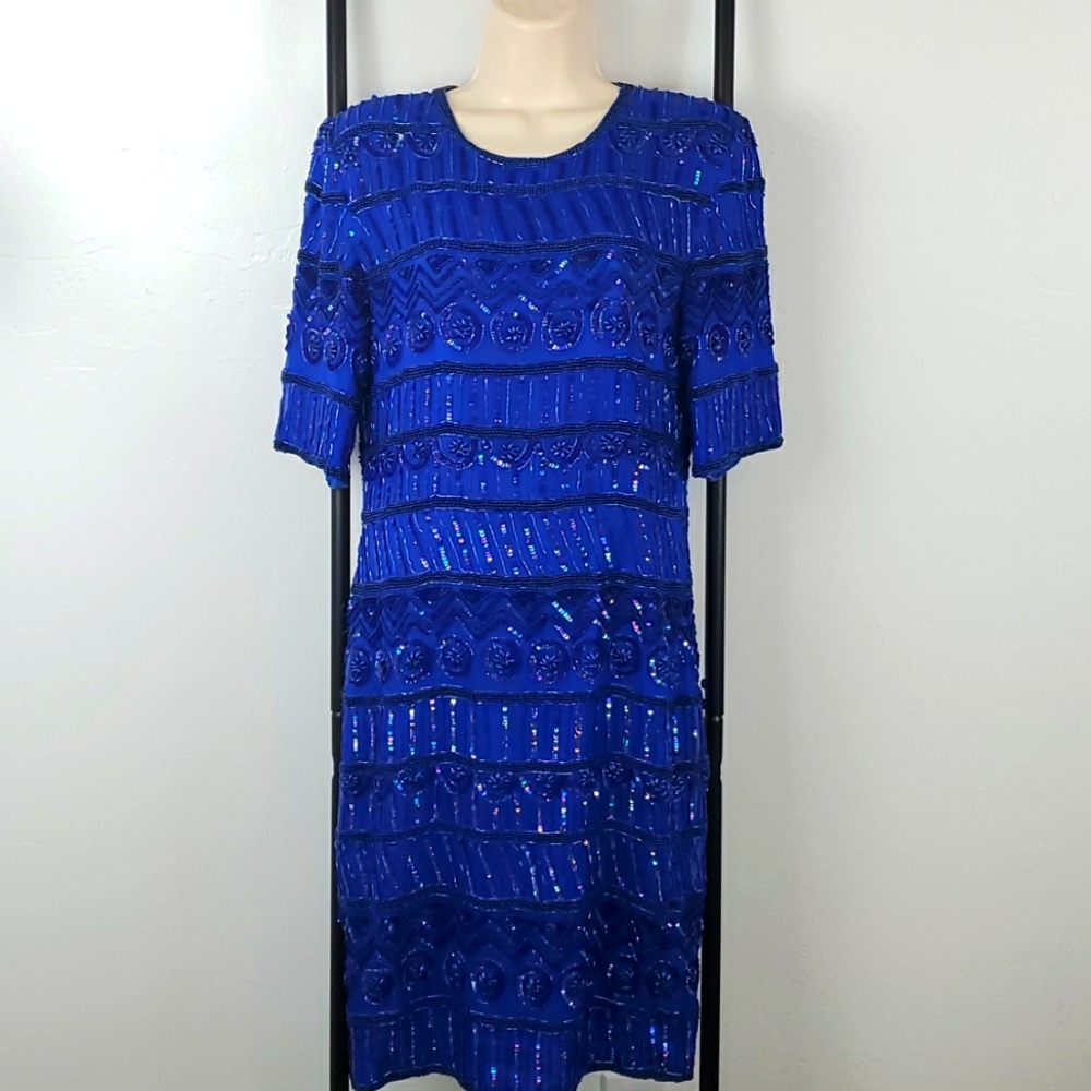 VINTAGE Daval Designs Blue Silk Sequin Midi Dress Size S Sparkle Queen Alert